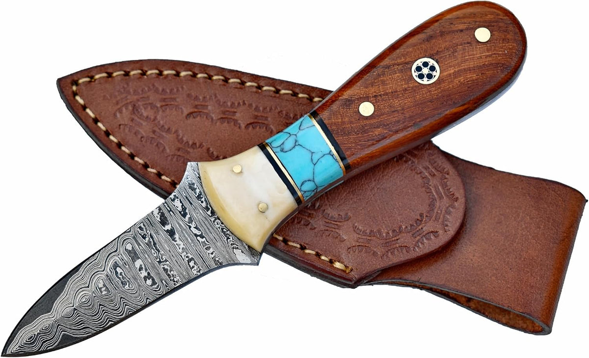 Damascus Steel Oyster Shucking Knife Handmade Oyster Shucker Knife Oyster Opener Tool wood, Bone and Turquoise Handle With Leather Sheath