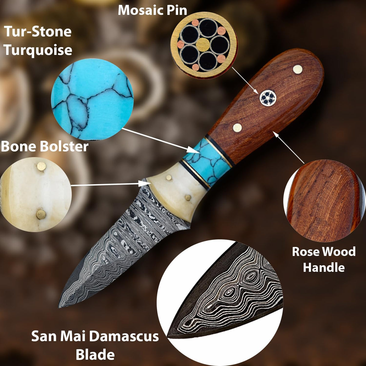 Damascus Steel Oyster Shucking Knife Handmade Oyster Shucker Knife Oyster Opener Tool wood, Bone and Turquoise Handle With Leather Sheath