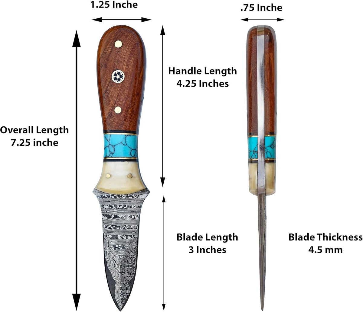 Damascus Steel Oyster Shucking Knife Handmade Oyster Shucker Knife Oyster Opener Tool wood, Bone and Turquoise Handle With Leather Sheath