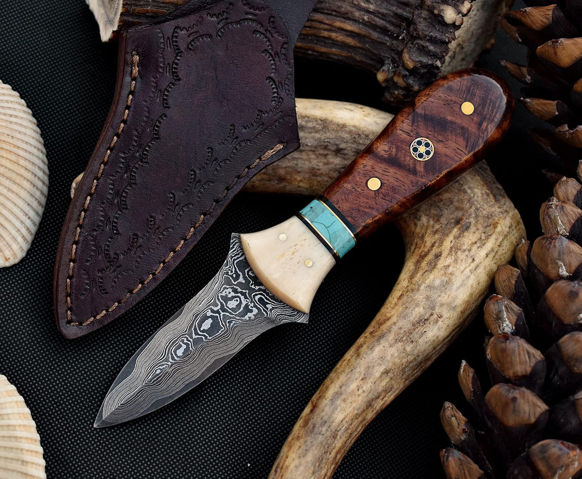 Damascus Steel Oyster Shucking Knife Handmade Oyster Shucker Knife Oyster Opener Tool wood, Bone and Turquoise Handle With Leather Sheath
