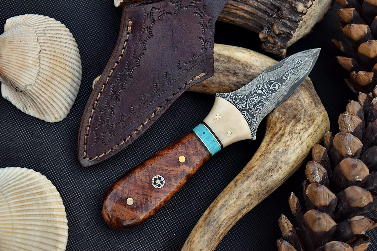 Damascus Steel Oyster Shucking Knife Handmade Oyster Shucker Knife Oyster Opener Tool wood, Bone and Turquoise Handle With Leather Sheath