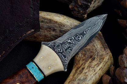 Damascus Steel Oyster Shucking Knife Handmade Oyster Shucker Knife Oyster Opener Tool wood, Bone and Turquoise Handle With Leather Sheath