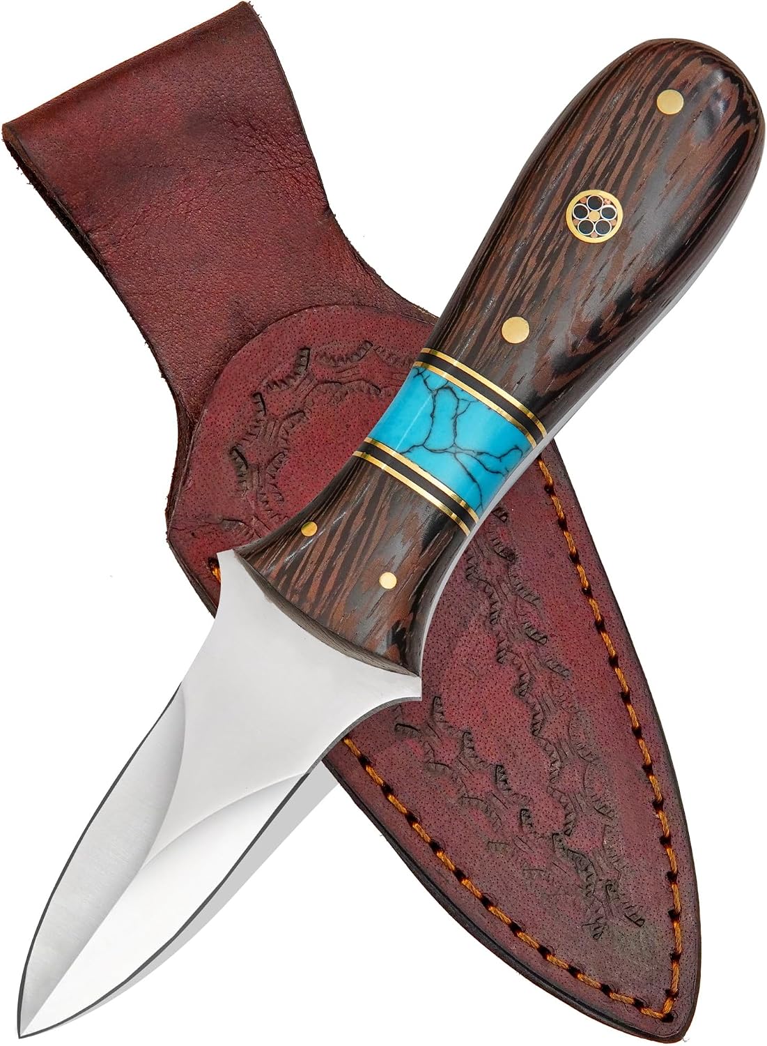 Damascus Steel Oyster Shucking Knife Handmade Oyster Shucker Knife Oyster Opener Tool wood, Bone and Turquoise Handle With Leather Sheath