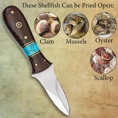 Damascus Steel Oyster Shucking Knife Handmade Oyster Shucker Knife Oyster Opener Tool wood, Bone and Turquoise Handle With Leather Sheath