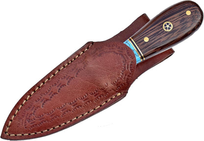 Damascus Steel Oyster Shucking Knife Handmade Oyster Shucker Knife Oyster Opener Tool wood, Bone and Turquoise Handle With Leather Sheath