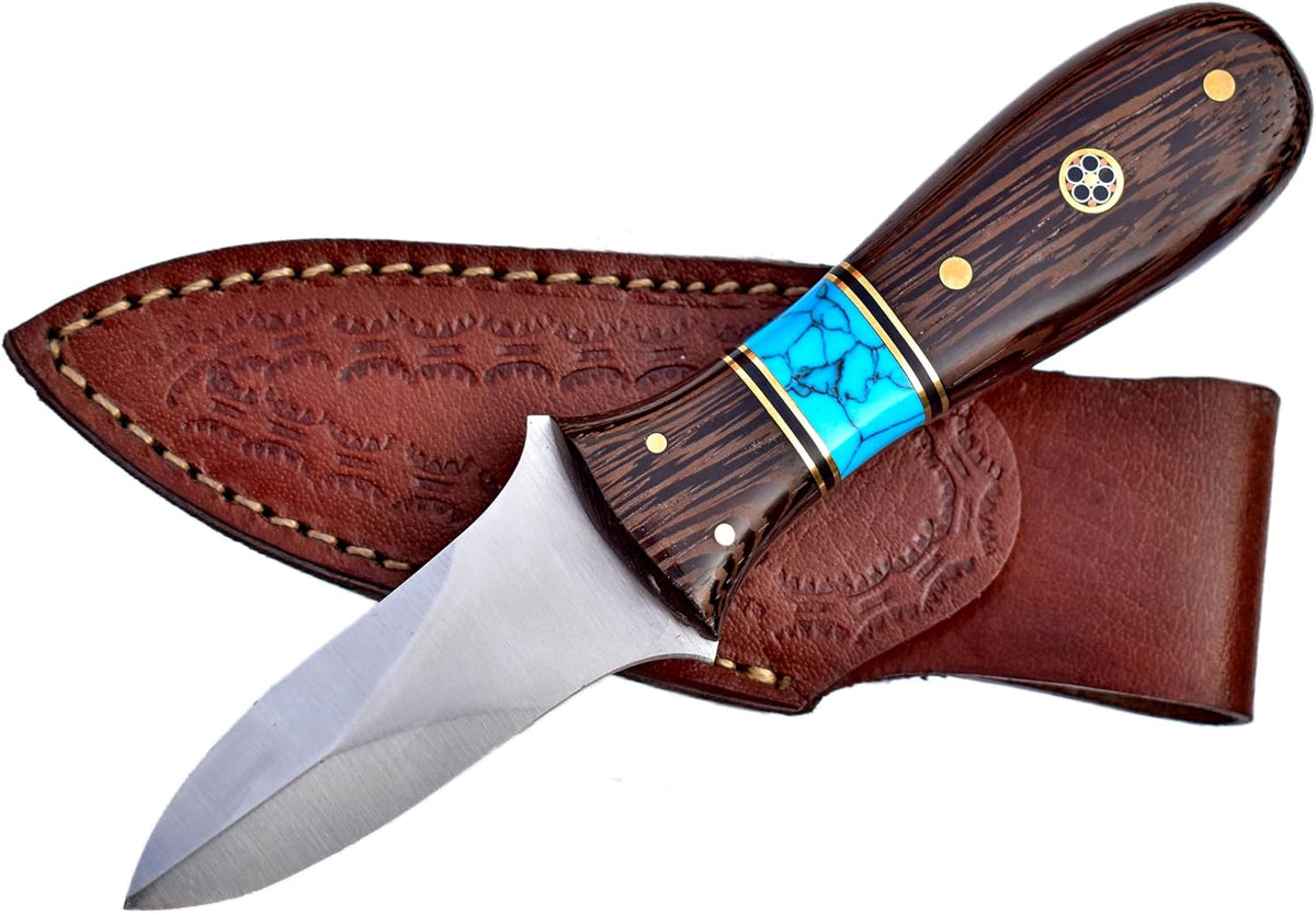 Damascus Steel Oyster Shucking Knife Handmade Oyster Shucker Knife Oyster Opener Tool wood, Bone and Turquoise Handle With Leather Sheath
