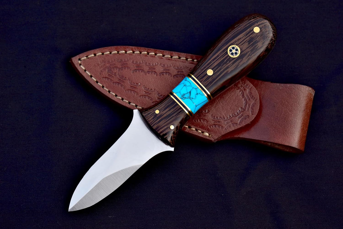 Damascus Steel Oyster Shucking Knife Handmade Oyster Shucker Knife Oyster Opener Tool wood, Bone and Turquoise Handle With Leather Sheath