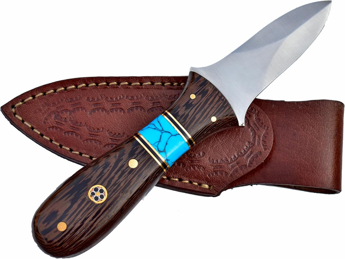 Damascus Steel Oyster Shucking Knife Handmade Oyster Shucker Knife Oyster Opener Tool wood, Bone and Turquoise Handle With Leather Sheath