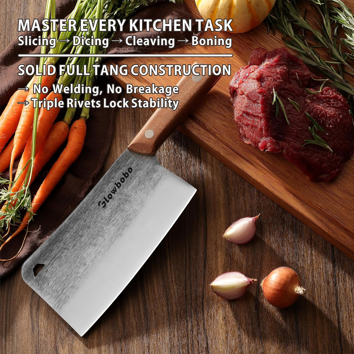 7.6 Inch Heavy Duty Meat Cleaver, 5CR15 High Carbon Stainless Steel Butcher Knife for Chopping Bone, Meat - with Gift Box, Professional Kitchen BBQ Chef Knife