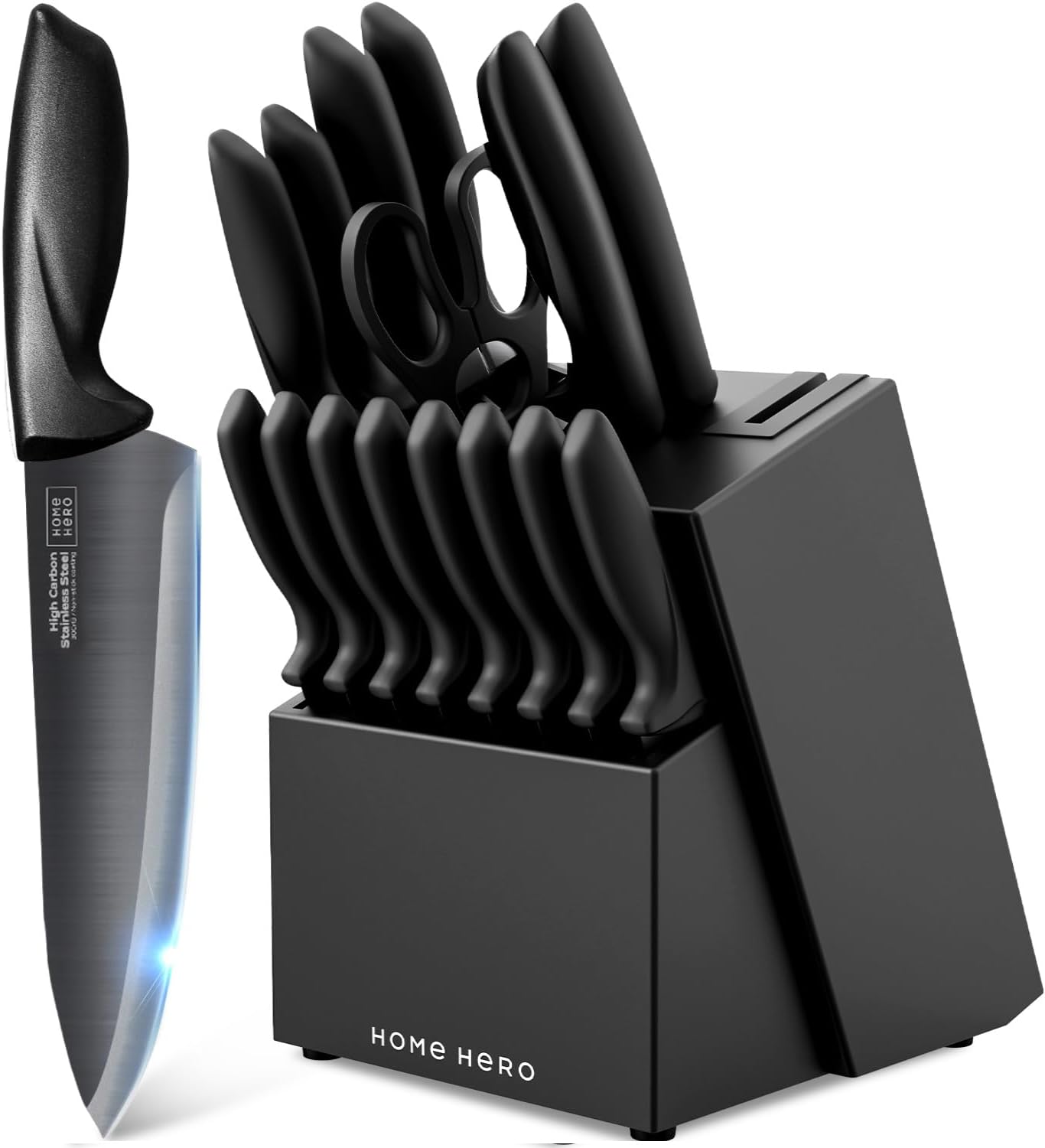 Kitchen Knife Set - Wooden Knife Block Organizer - High Carbon Stainless Steel Blades - Ergonomic Handles with Built-In Sharpener & Kitchen Scissors - 16-Pc, Black