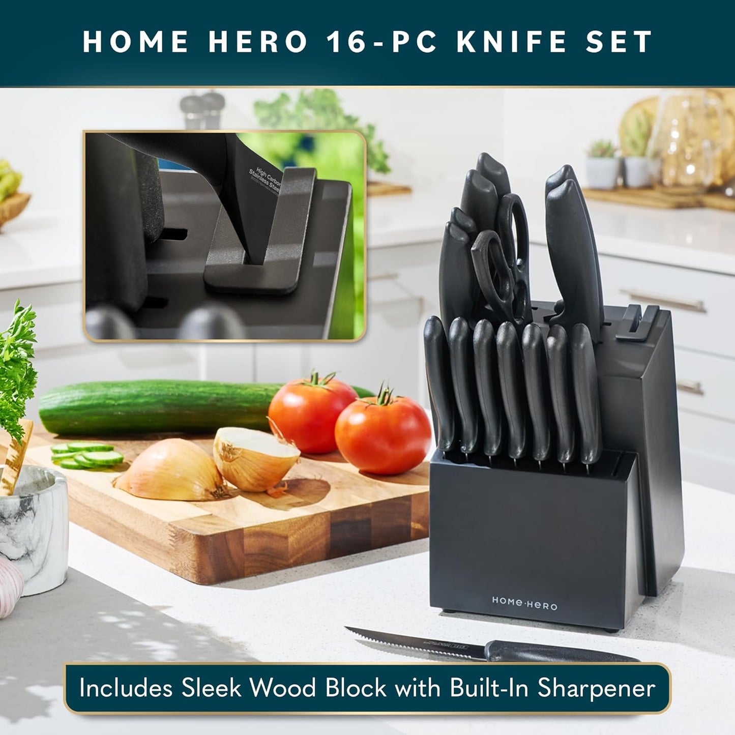 Kitchen Knife Set - Wooden Knife Block Organizer - High Carbon Stainless Steel Blades - Ergonomic Handles with Built-In Sharpener & Kitchen Scissors - 16-Pc, Black
