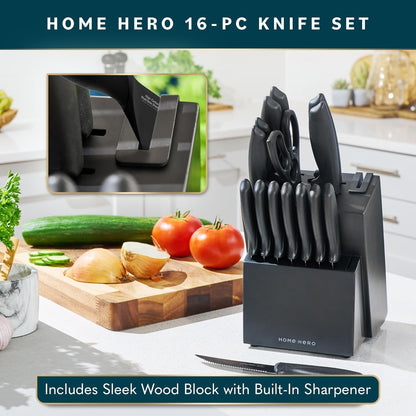 Kitchen Knife Set - Wooden Knife Block Organizer - High Carbon Stainless Steel Blades - Ergonomic Handles with Built-In Sharpener & Kitchen Scissors - 16-Pc, Black