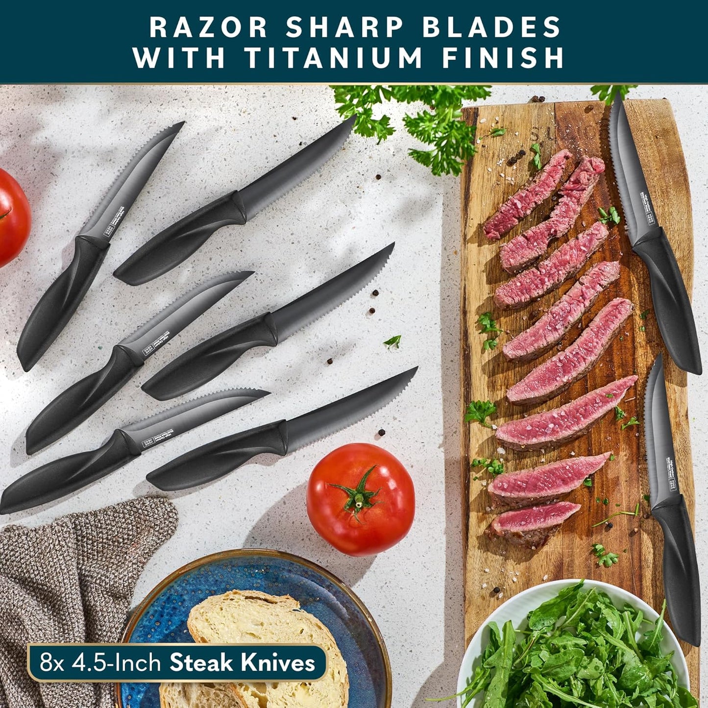 Kitchen Knife Set - Wooden Knife Block Organizer - High Carbon Stainless Steel Blades - Ergonomic Handles with Built-In Sharpener & Kitchen Scissors - 16-Pc, Black