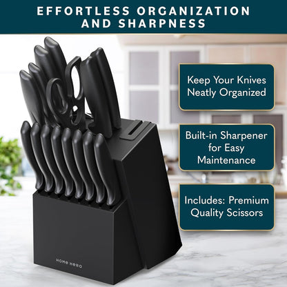 Kitchen Knife Set - Wooden Knife Block Organizer - High Carbon Stainless Steel Blades - Ergonomic Handles with Built-In Sharpener & Kitchen Scissors - 16-Pc, Black