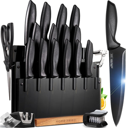 Kitchen Knife Set - Wooden Knife Block Organizer - High Carbon Stainless Steel Blades - Ergonomic Handles with Built-In Sharpener & Kitchen Scissors - 16-Pc, Black