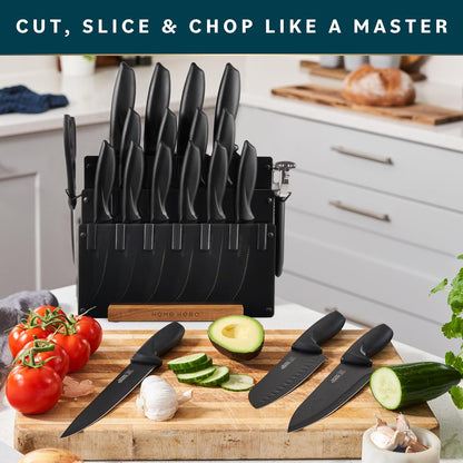 Kitchen Knife Set - Wooden Knife Block Organizer - High Carbon Stainless Steel Blades - Ergonomic Handles with Built-In Sharpener & Kitchen Scissors - 16-Pc, Black
