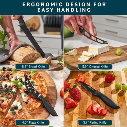 Kitchen Knife Set - Wooden Knife Block Organizer - High Carbon Stainless Steel Blades - Ergonomic Handles with Built-In Sharpener & Kitchen Scissors - 16-Pc, Black