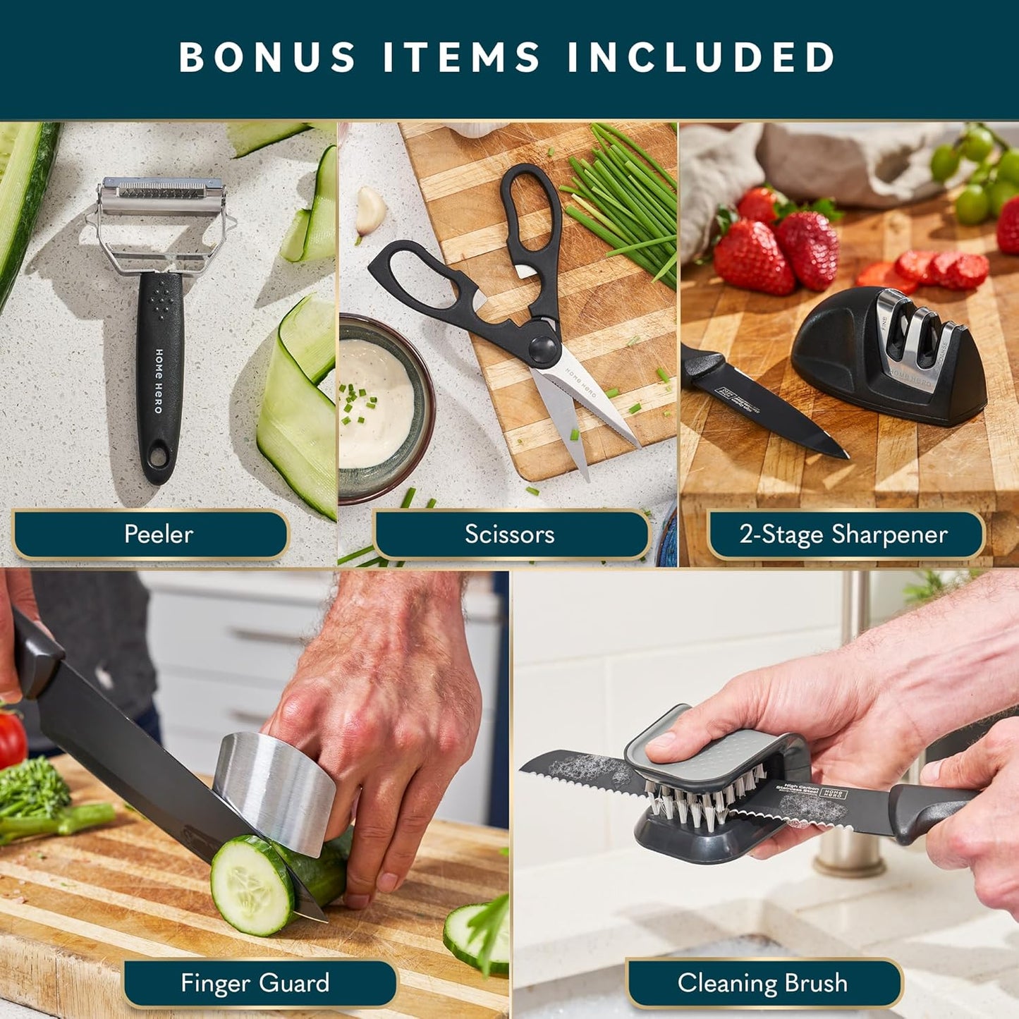Kitchen Knife Set - Wooden Knife Block Organizer - High Carbon Stainless Steel Blades - Ergonomic Handles with Built-In Sharpener & Kitchen Scissors - 16-Pc, Black