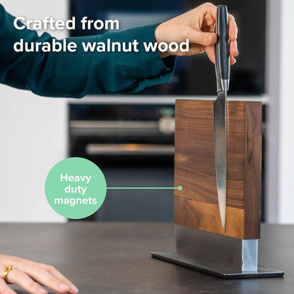 Magnetic Knife Holder with display stand, Double Sided Strong Magnetic Knife block for Kitchen counter top, Universal empty storage Organizer Block (Walnut Wood)