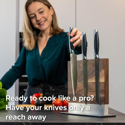 Magnetic Knife Holder with display stand, Double Sided Strong Magnetic Knife block for Kitchen counter top, Universal empty storage Organizer Block (Walnut Wood)