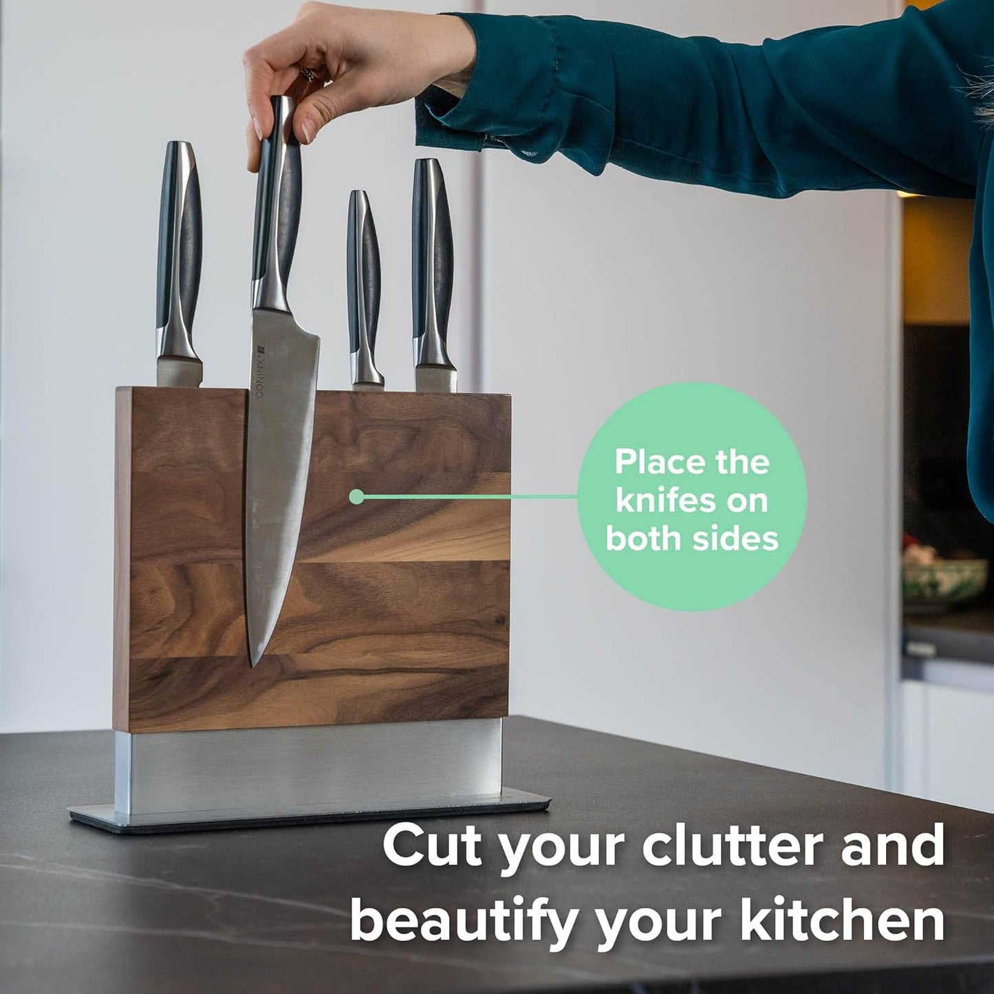 Magnetic Knife Holder with display stand, Double Sided Strong Magnetic Knife block for Kitchen counter top, Universal empty storage Organizer Block (Walnut Wood)