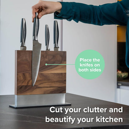 Magnetic Knife Holder with display stand, Double Sided Strong Magnetic Knife block for Kitchen counter top, Universal empty storage Organizer Block (Walnut Wood)