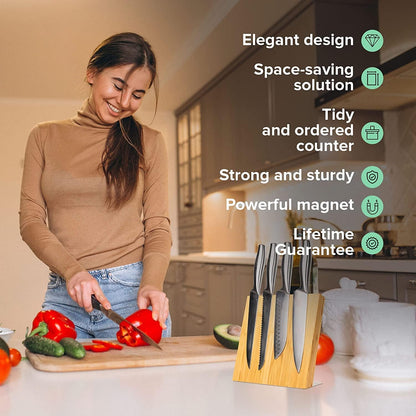 Magnetic Knife Holder with display stand, Double Sided Strong Magnetic Knife block for Kitchen counter top, Universal empty storage Organizer Block (Walnut Wood)