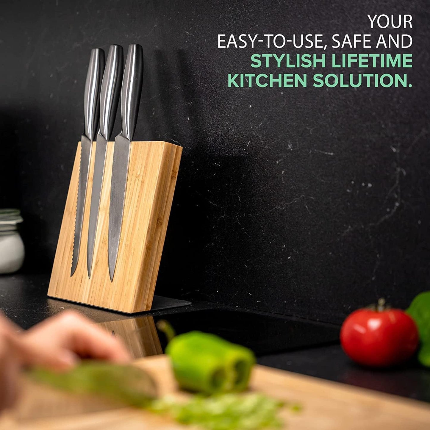 Magnetic Knife Holder with display stand, Double Sided Strong Magnetic Knife block for Kitchen counter top, Universal empty storage Organizer Block (Walnut Wood)