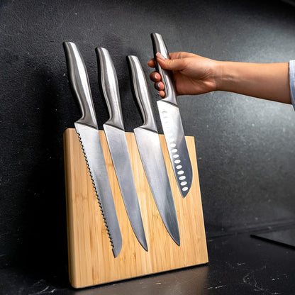 Magnetic Knife Holder with display stand, Double Sided Strong Magnetic Knife block for Kitchen counter top, Universal empty storage Organizer Block (Walnut Wood)