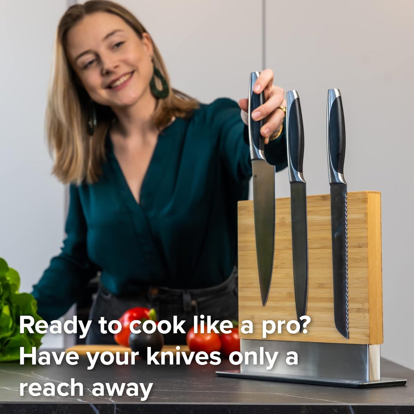 Magnetic Knife Holder with display stand, Double Sided Strong Magnetic Knife block for Kitchen counter top, Universal empty storage Organizer Block (Walnut Wood)