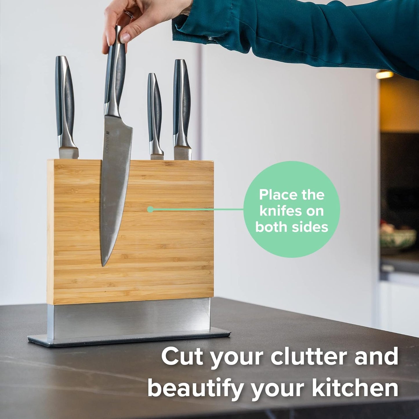 Magnetic Knife Holder with display stand, Double Sided Strong Magnetic Knife block for Kitchen counter top, Universal empty storage Organizer Block (Walnut Wood)