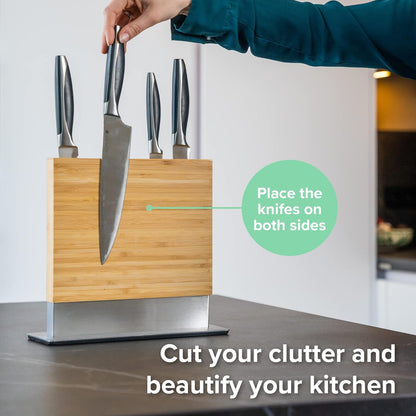 Magnetic Knife Holder with display stand, Double Sided Strong Magnetic Knife block for Kitchen counter top, Universal empty storage Organizer Block (Walnut Wood)