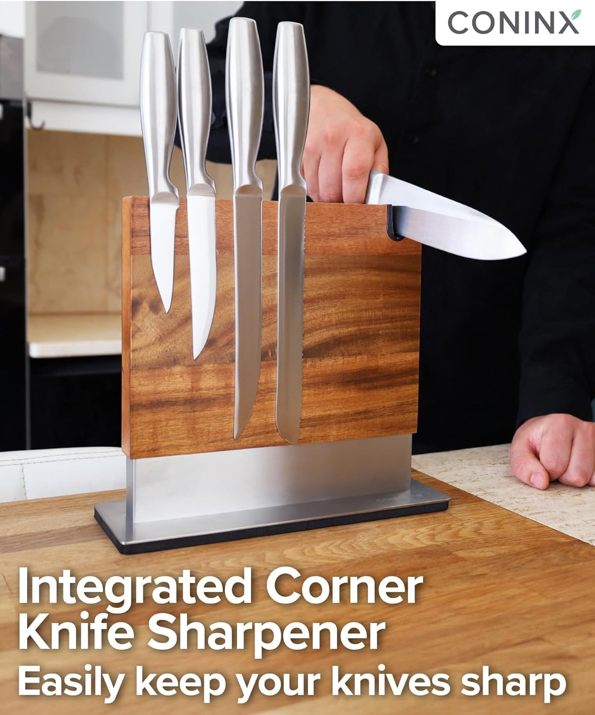 Magnetic Knife Holder with display stand, Double Sided Strong Magnetic Knife block for Kitchen counter top, Universal empty storage Organizer Block (Walnut Wood)