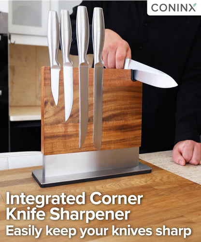 Magnetic Knife Holder with display stand, Double Sided Strong Magnetic Knife block for Kitchen counter top, Universal empty storage Organizer Block (Walnut Wood)