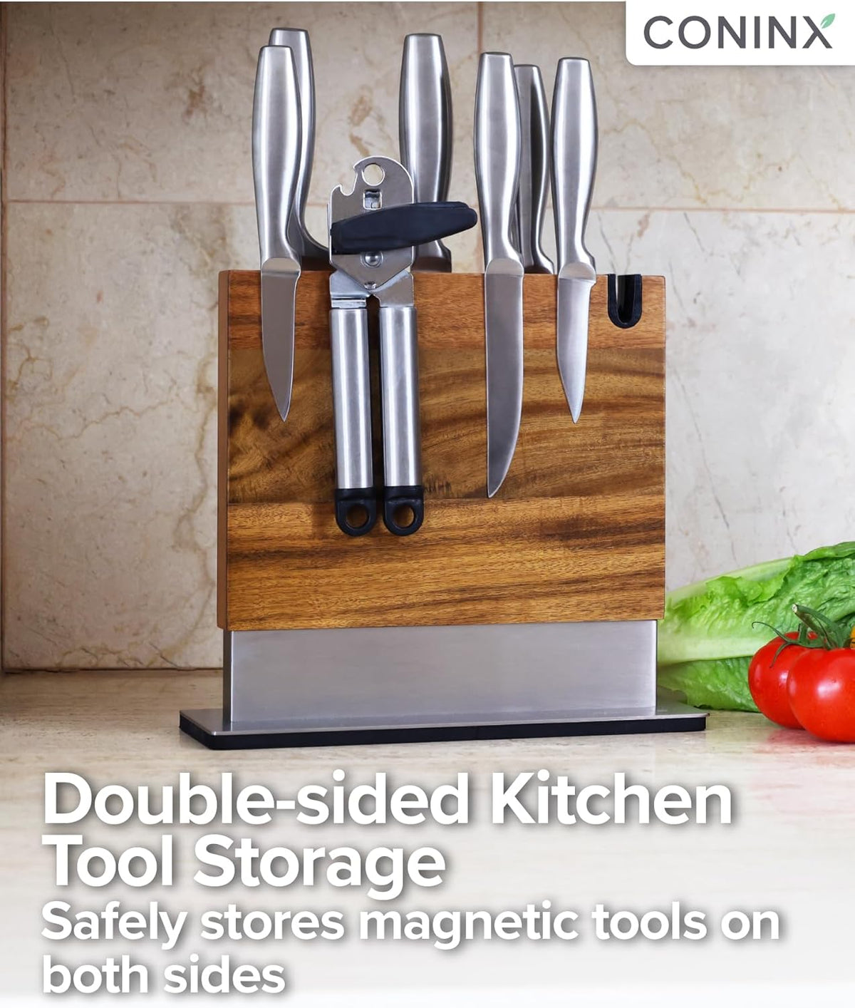 Magnetic Knife Holder with display stand, Double Sided Strong Magnetic Knife block for Kitchen counter top, Universal empty storage Organizer Block (Walnut Wood)
