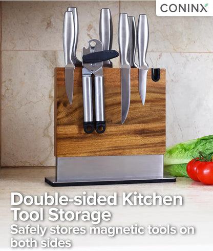 Magnetic Knife Holder with display stand, Double Sided Strong Magnetic Knife block for Kitchen counter top, Universal empty storage Organizer Block (Walnut Wood)
