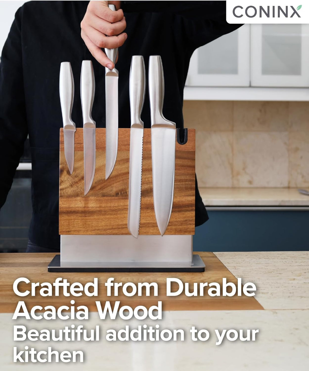 Magnetic Knife Holder with display stand, Double Sided Strong Magnetic Knife block for Kitchen counter top, Universal empty storage Organizer Block (Walnut Wood)
