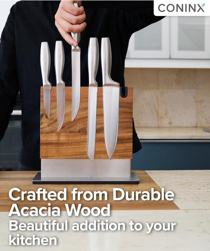 Magnetic Knife Holder with display stand, Double Sided Strong Magnetic Knife block for Kitchen counter top, Universal empty storage Organizer Block (Walnut Wood)