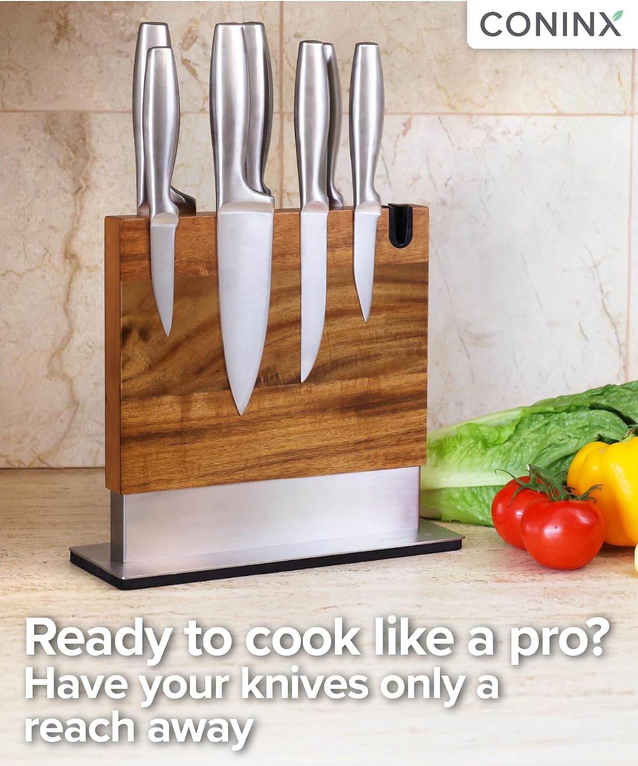 Magnetic Knife Holder with display stand, Double Sided Strong Magnetic Knife block for Kitchen counter top, Universal empty storage Organizer Block (Walnut Wood)