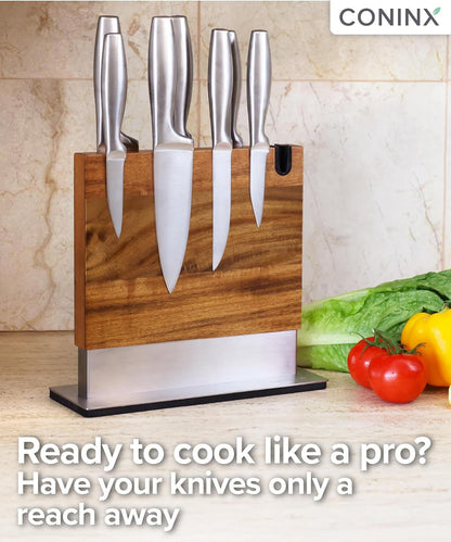 Magnetic Knife Holder with display stand, Double Sided Strong Magnetic Knife block for Kitchen counter top, Universal empty storage Organizer Block (Walnut Wood)