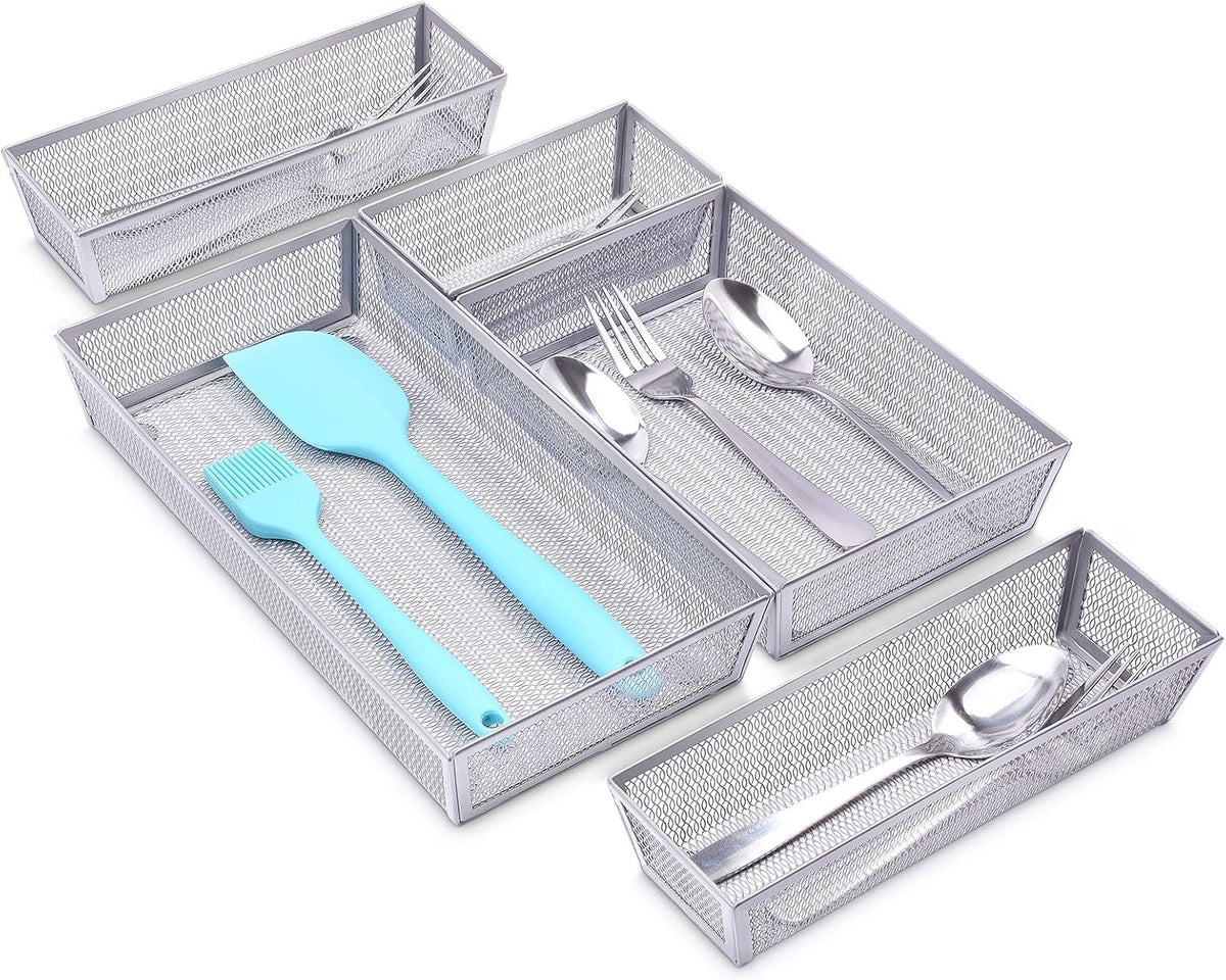 Mesh Silverware Tray Drawer Organizer, Kitchen Utensils Flatware with Anti-slip Mats, Silverware Storage Cutlery Tray for Knives Fork Spoon (5 Separate Compartments, Silver)
