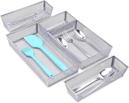 Mesh Silverware Tray Drawer Organizer, Kitchen Utensils Flatware with Anti-slip Mats, Silverware Storage Cutlery Tray for Knives Fork Spoon (5 Separate Compartments, Silver)