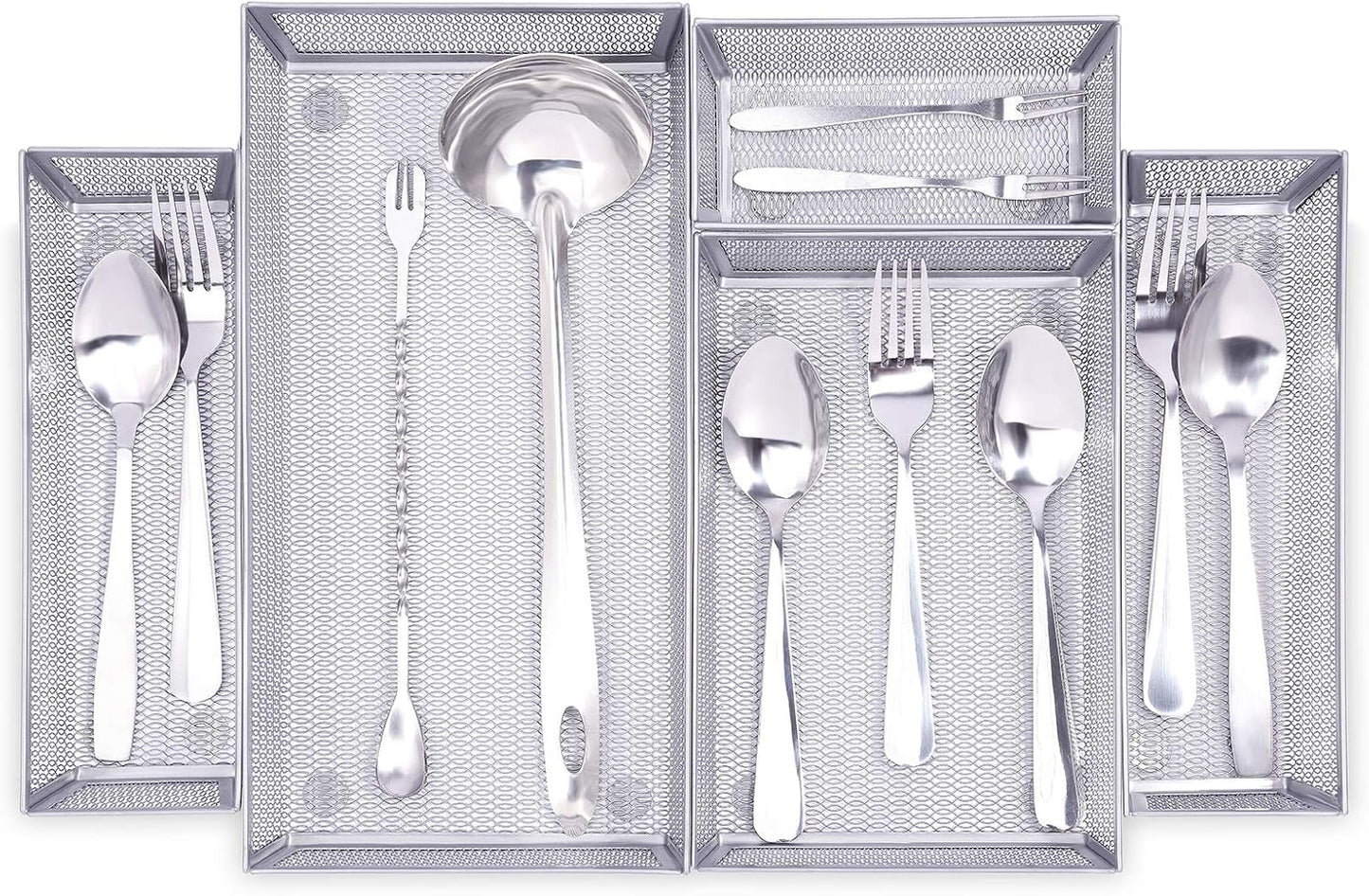 Mesh Silverware Tray Drawer Organizer, Kitchen Utensils Flatware with Anti-slip Mats, Silverware Storage Cutlery Tray for Knives Fork Spoon (5 Separate Compartments, Silver)