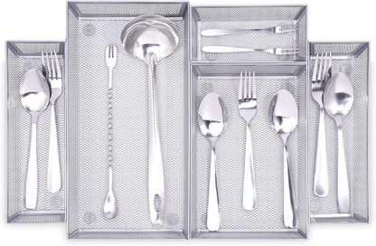 Mesh Silverware Tray Drawer Organizer, Kitchen Utensils Flatware with Anti-slip Mats, Silverware Storage Cutlery Tray for Knives Fork Spoon (5 Separate Compartments, Silver)