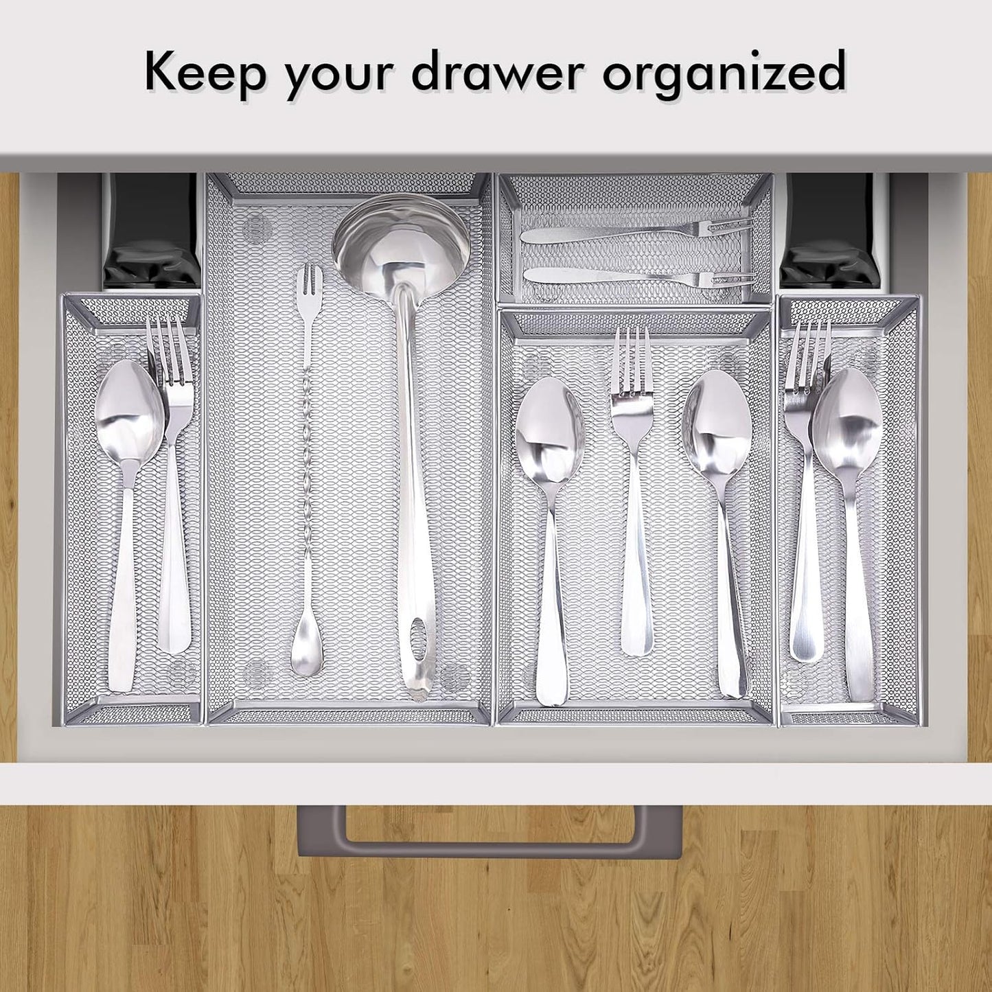 Mesh Silverware Tray Drawer Organizer, Kitchen Utensils Flatware with Anti-slip Mats, Silverware Storage Cutlery Tray for Knives Fork Spoon (5 Separate Compartments, Silver)