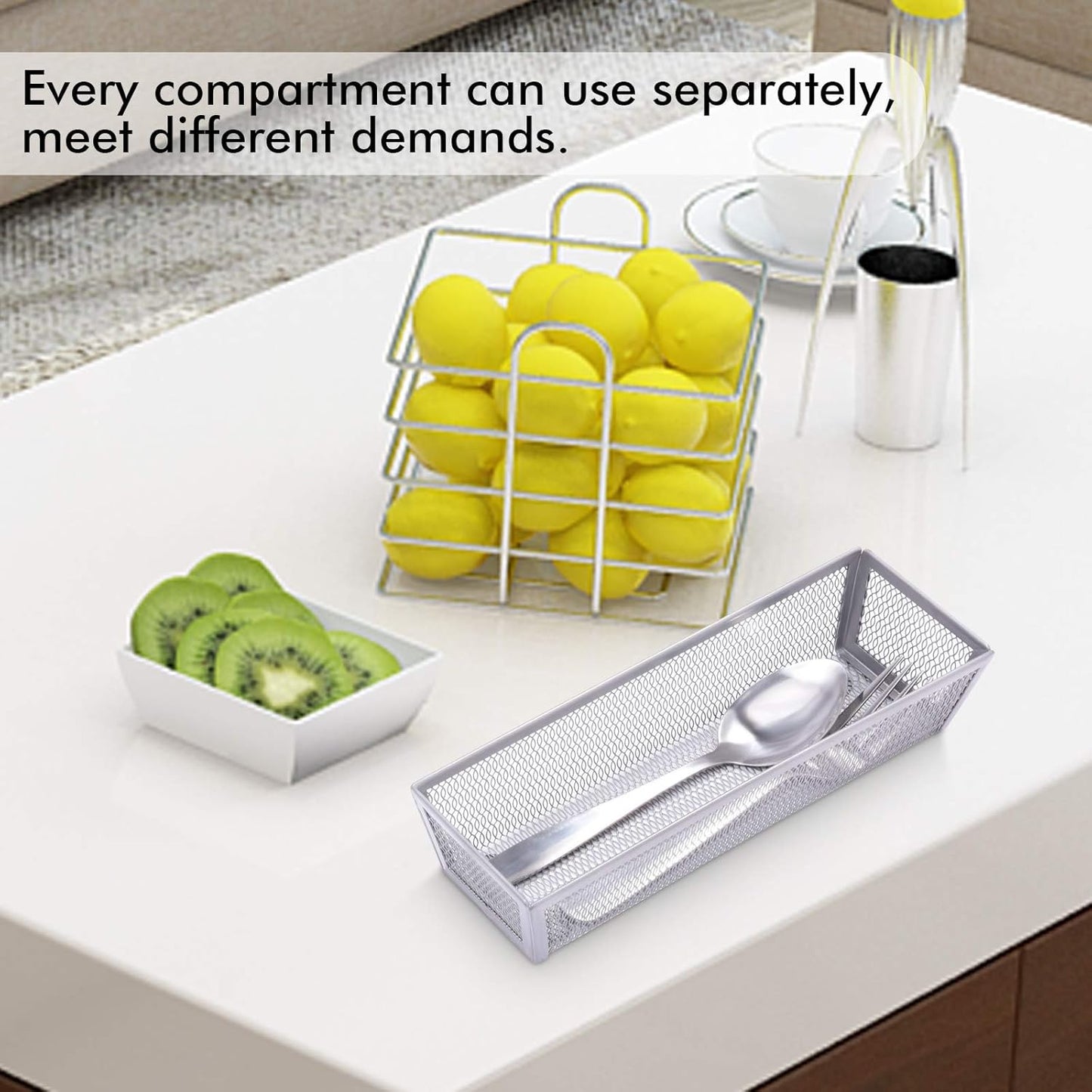 Mesh Silverware Tray Drawer Organizer, Kitchen Utensils Flatware with Anti-slip Mats, Silverware Storage Cutlery Tray for Knives Fork Spoon (5 Separate Compartments, Silver)