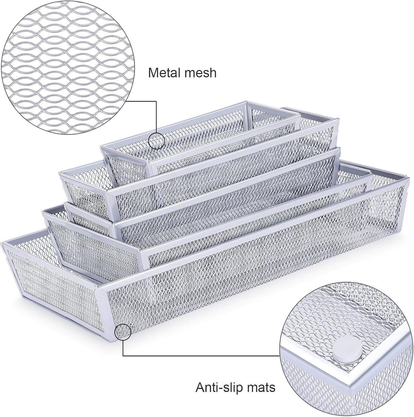 Mesh Silverware Tray Drawer Organizer, Kitchen Utensils Flatware with Anti-slip Mats, Silverware Storage Cutlery Tray for Knives Fork Spoon (5 Separate Compartments, Silver)