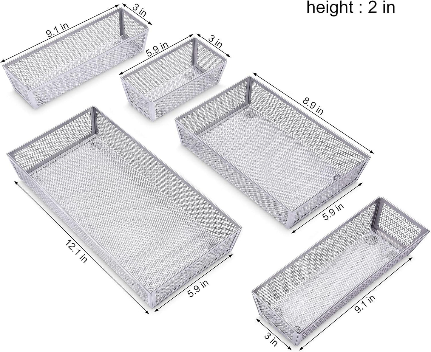 Mesh Silverware Tray Drawer Organizer, Kitchen Utensils Flatware with Anti-slip Mats, Silverware Storage Cutlery Tray for Knives Fork Spoon (5 Separate Compartments, Silver)
