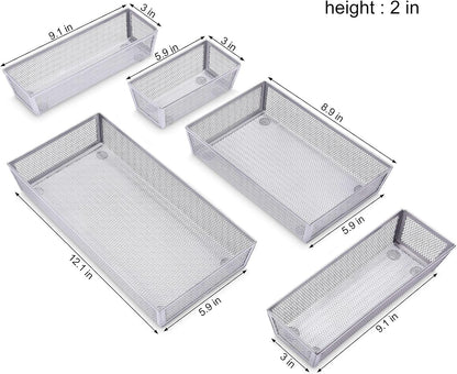 Mesh Silverware Tray Drawer Organizer, Kitchen Utensils Flatware with Anti-slip Mats, Silverware Storage Cutlery Tray for Knives Fork Spoon (5 Separate Compartments, Silver)
