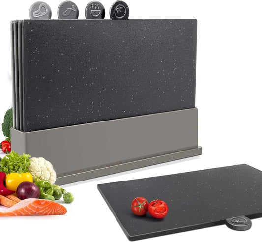 4pc Index Cutting Board Set with Storage Stand | Bpa-Free PP Plastic, Dishwasher Safe, Food Icons for Meat Seafood Fruit Vegetable Prep
